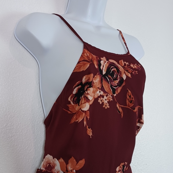 Lulu's Rancho Burgundy Floral Print Lace-Up Maxi Dress Women's Size S - Picture 8 of 14